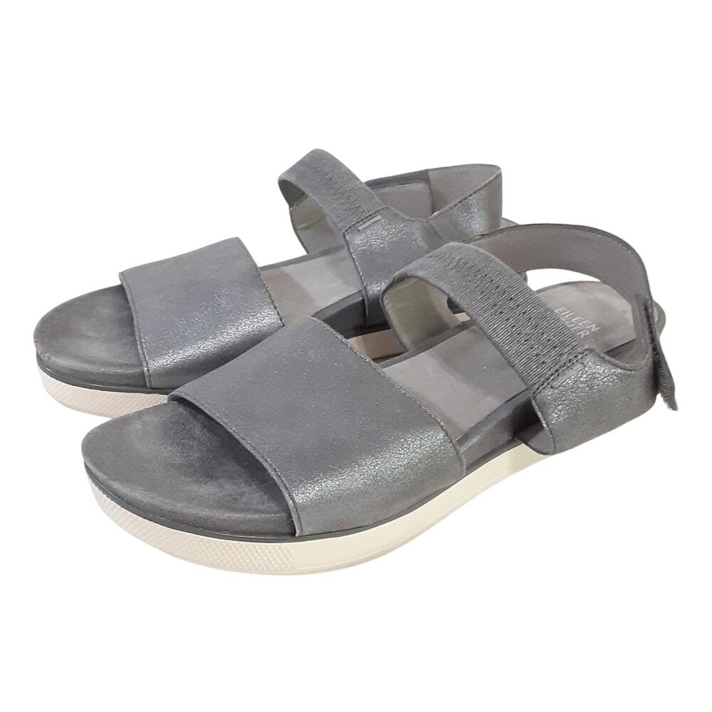 Eileen Fisher Somer Banded Sandals Slip On Slingback Metallic Silver Womens 8